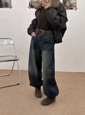 JEANS W005冬季复合绒2025新款高腰宽松无弹美式弯刀裤牛仔裤女B