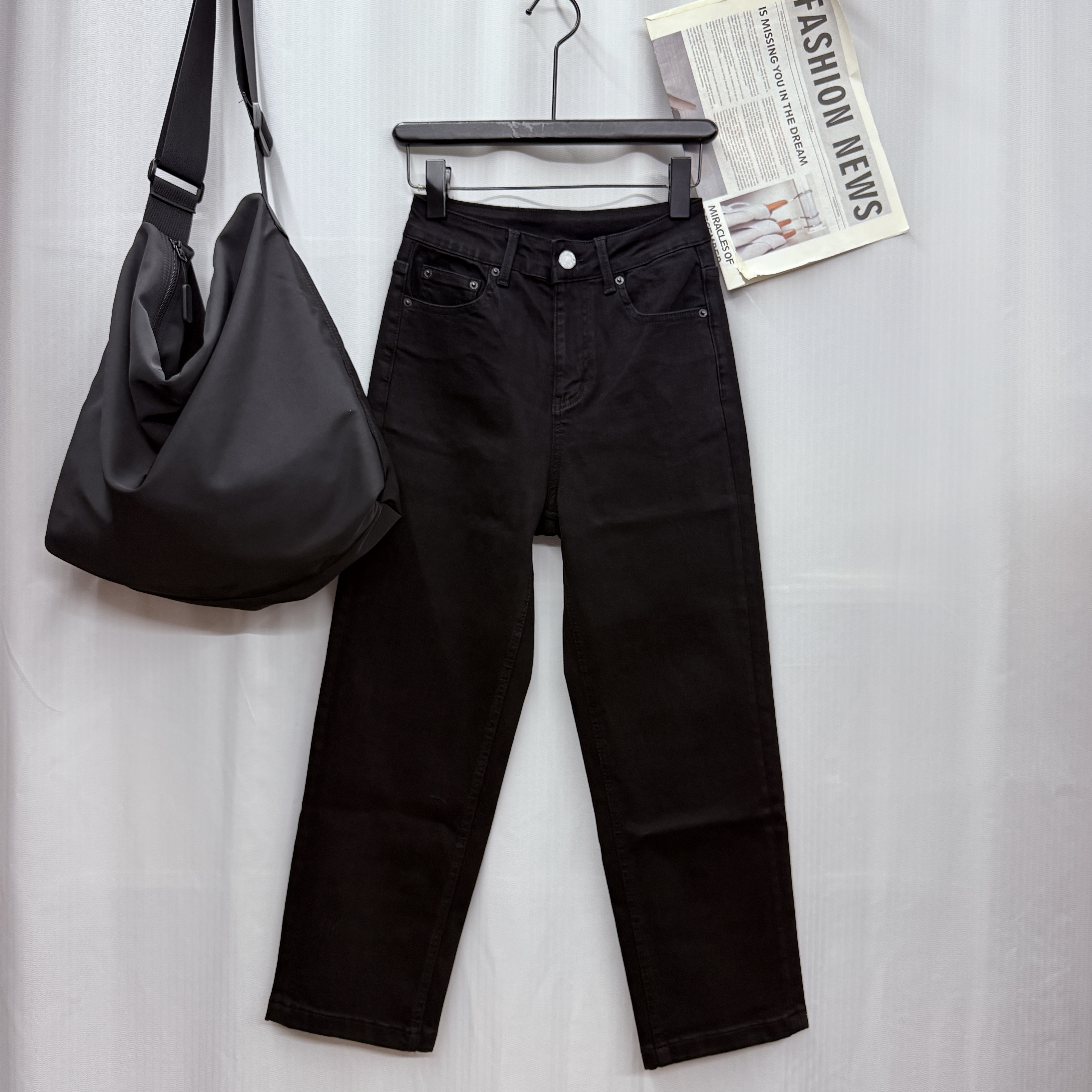 欧洲站234冬季加绒2025新品高腰四面弹黑色九分法棍糯米牛仔裤女W