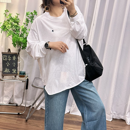 欧洲站早春新款韩版女装2025 侧刺绣小标长袖宽松棉质中长大版T恤