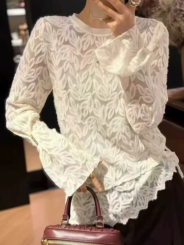 欧货31170冬新款不规则斜摆长袖T恤打底衫女时尚洋气蕾丝植绒上衣