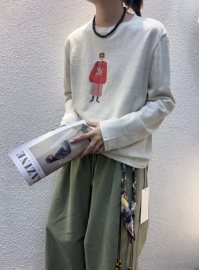 衣7percent 55229秋季新款百搭圆领卡通印花长袖宽松休闲棉麻T恤j