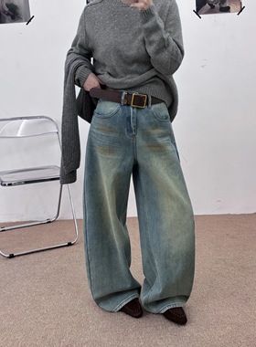 JEANS W003冬季复合绒2025新款高腰宽松无弹美式弯刀裤牛仔裤女B