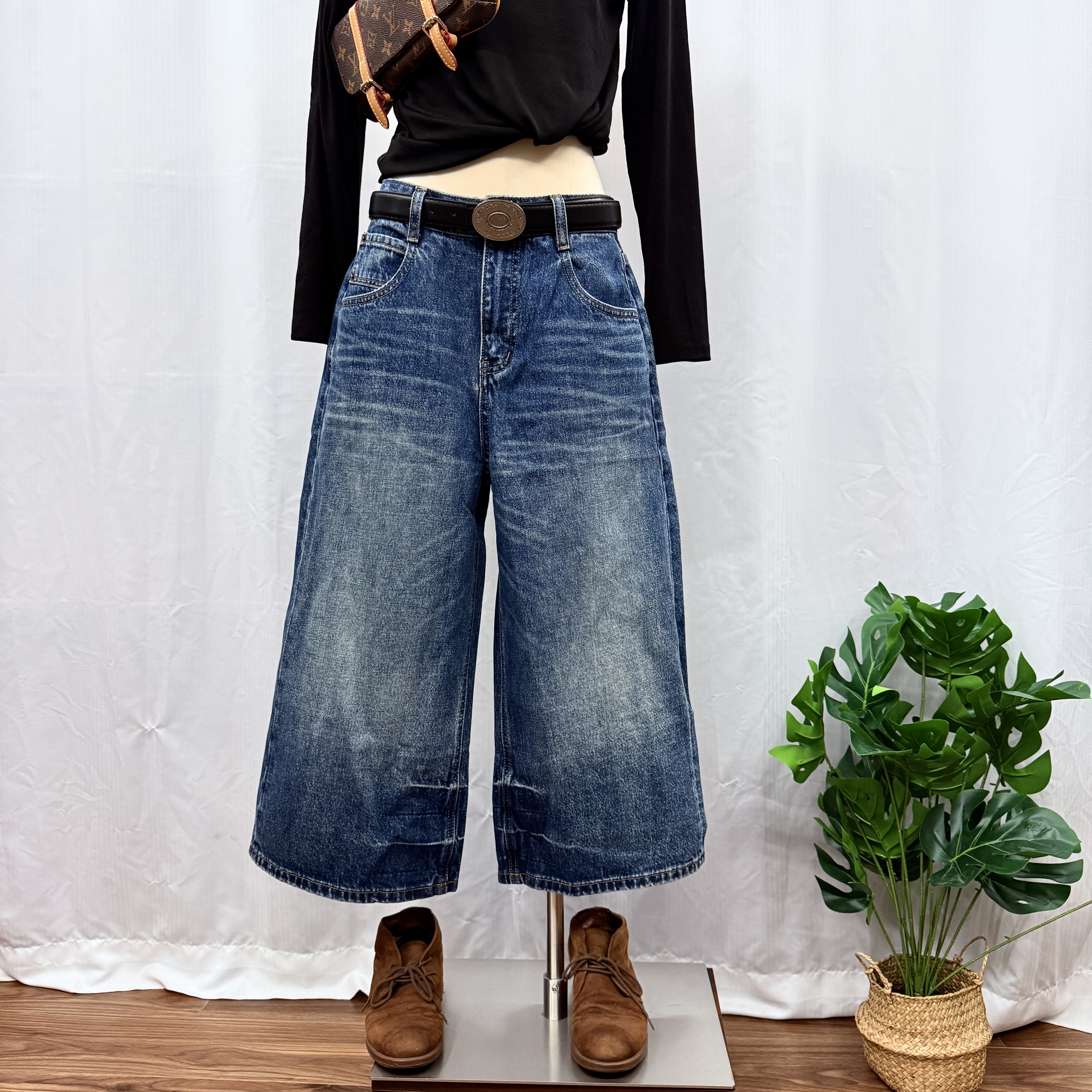 索玛拉 67066秋季2025新品酷飒挺括牛仔蓝全棉无弹阔腿八分牛仔裤