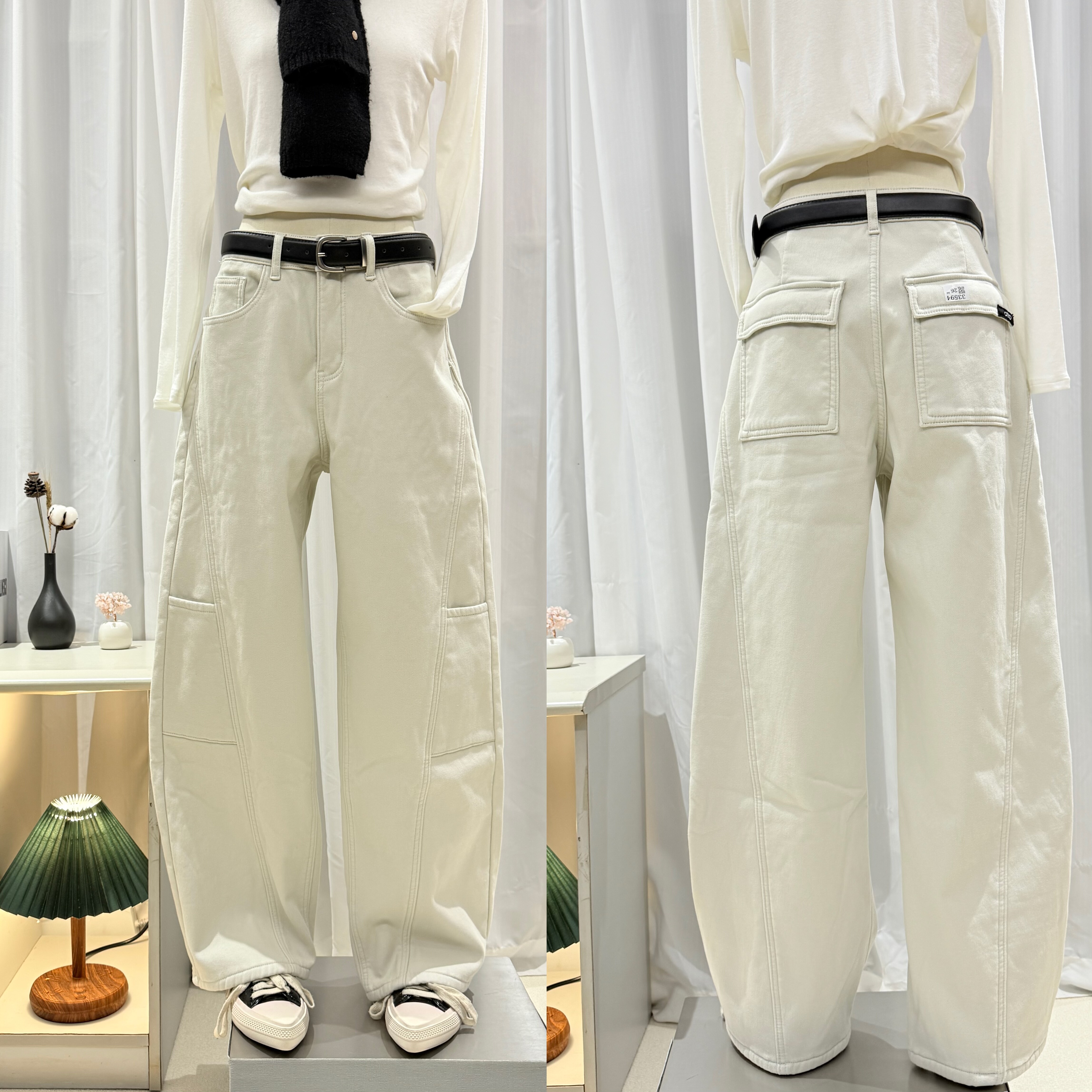 JEANS 33594冬季加厚复合绒 2025 窄版阔腿裤女高腰弯刀工装长裤Y