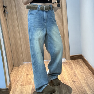 JEANS D953 冬季复合宝宝绒牛仔裤2025新款亮闪浅蓝色阔腿长裤女B