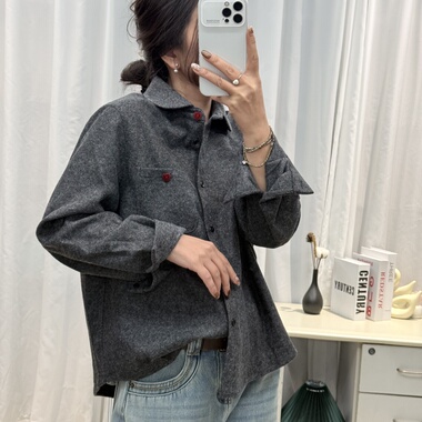 复古风31190 翻领宽松长袖衬衫2025冬季百搭时尚羊毛磨毛衬衣外套