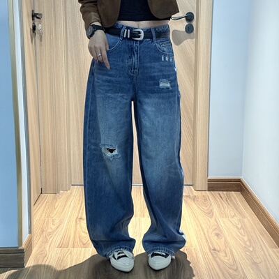 JEANS 8033 春季2026新款高腰宽松无弹美式破洞弯刀蓝色牛仔裤女A