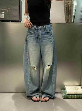 秒杀 9901 裤长105cm夏季新款蓝色无弹斜扛破洞弯刀牛仔拖地裤W