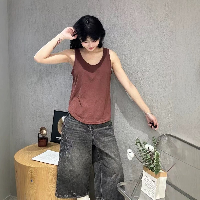 古木樨 23630 四季百搭款宽松显瘦纯亚麻简约大方圆领短款背心T女