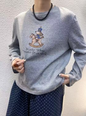 衣7 percent 55223秋季新款百搭圆领卡通印花长袖宽松休闲棉麻T恤