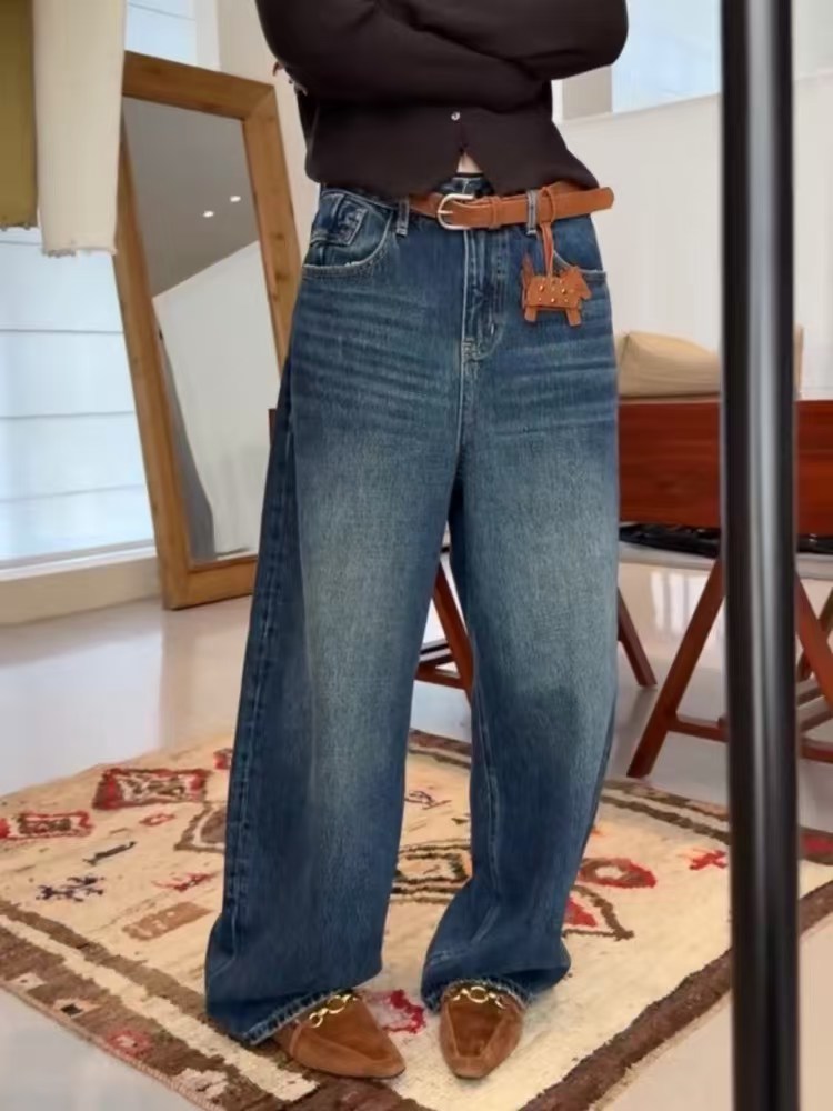 2972 冬季2025抓毛新款百搭高腰阔腿直筒长裤女休闲牛仔裤女 WS