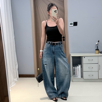 JeansD060夏季2026新款高腰无弹破洞牛仔蓝阔腿弯刀牛仔裤长裤女B