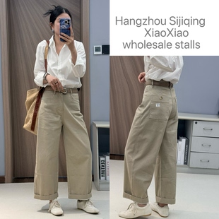 高腰宽松休闲百搭微弹翻边阔腿弯刀九分裤 1春夏新款 女B 73153 欧版