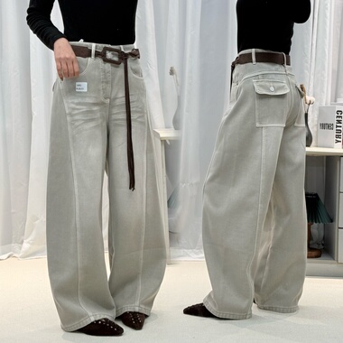 JEANS7687冬季植绒宽松牛仔裤2025新款高腰奶茶色阔腿弯刀长裤女M