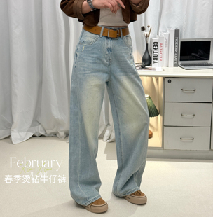 JEANS 2668 春季2026新款高腰烫钻无弹美式阔腿弯刀浅蓝牛仔裤女Y