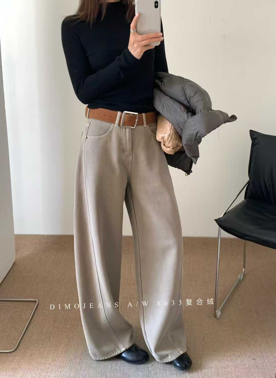 DIMO8633 冬季复合宝宝绒牛仔裤2025新款高腰奶茶色阔腿裤长裤X