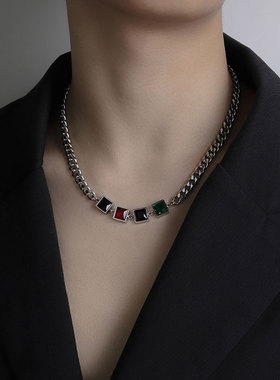 金属钛钢宝石水晶多色潮女项链