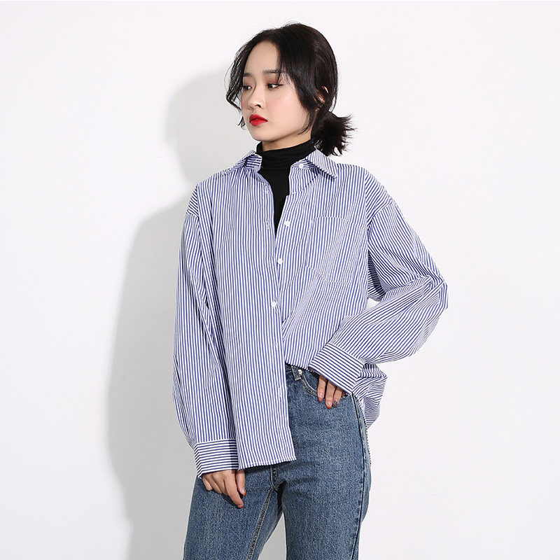 韩版宽松条纹衬衫女复古港味衬衣2019新款设计感小众长袖秋季上衣在类目 女装/女士精品, 衬衫中 - 来自Buy2taobao.com提供专业的淘宝代购服务