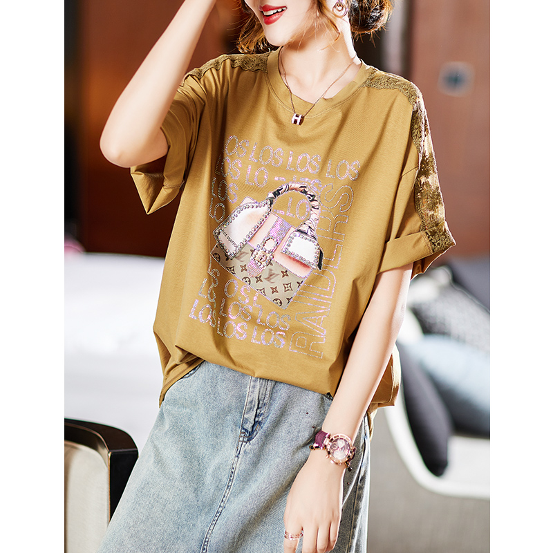3衣品乐欧洲站大码新款拼接蕾丝烫钻短袖T恤宽松胖mm女装2021夏装