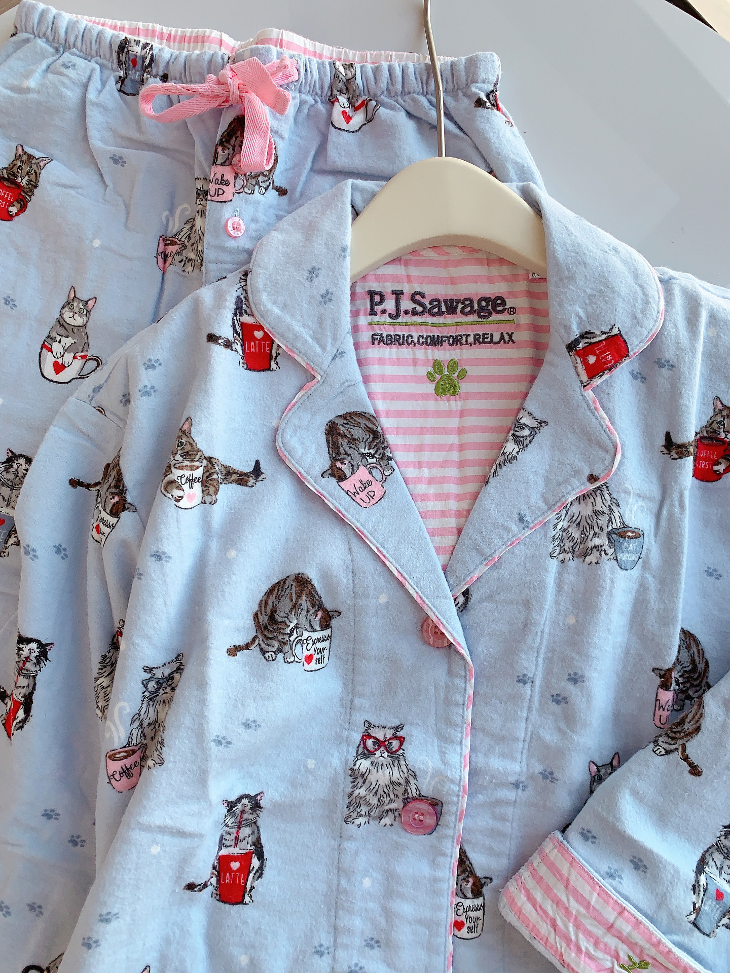 Qadın pambıq pijama dəsti, şirin pişik naxışlı, payız-qış