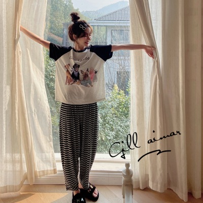 Gill Aimar小熊家夏季可爱狗狗乐园睡衣女拼色条纹短袖家居服套装