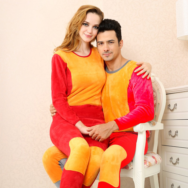 男士大红色保暖内衣套装加绒加厚本命年婚庆圆领黄金暖甲冬