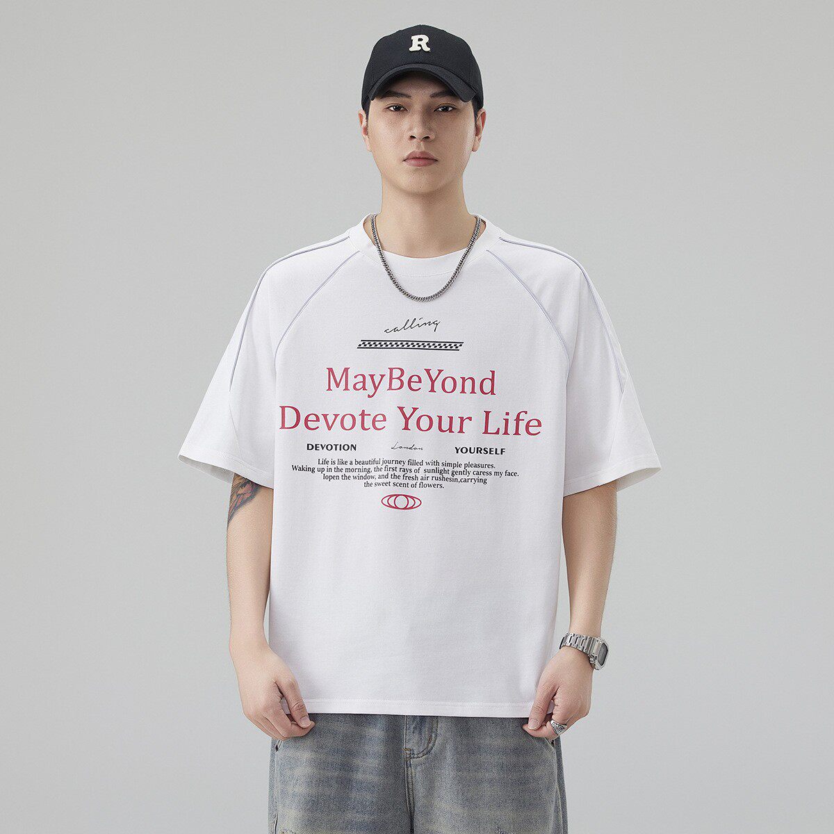 夏季凉感冰丝英文字母印花辑线短袖T恤男圆领赛车机车风宽松休闲