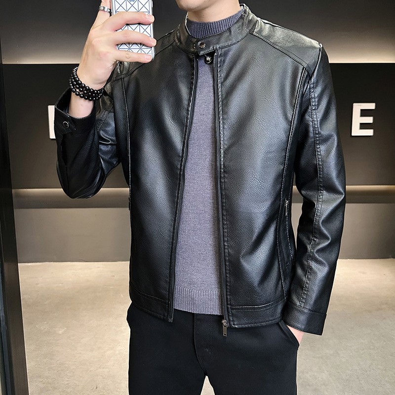 美式复古立领加绒机车皮衣男夹克