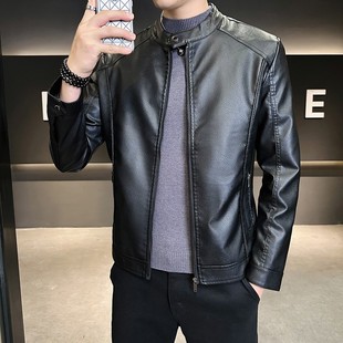 2025新品上衣皮夹克小立领PU皮衣男修身加绒短款帅气机车黑色外套