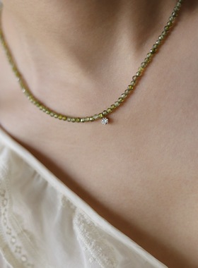 XL412 法式渐变橄榄绿锆石锁骨链闪钻项链 钛钢手工串珠抹茶叠戴