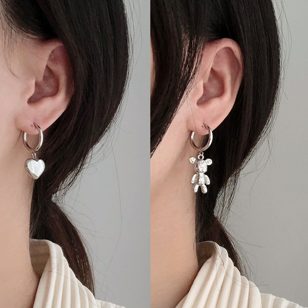 ED058 韩国东大门时尚钛钢饰品银色爱心小熊耳扣耳环