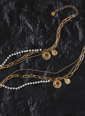 SL021 XL135 古巴时尚罗马钱币吊坠珍珠三层项链手链一套 钛钢