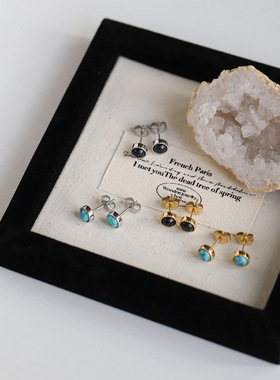 ED173 森系大理石纹蓝色珠边圆豆耳钉仿松石黑色耳饰 钛钢镀18K金