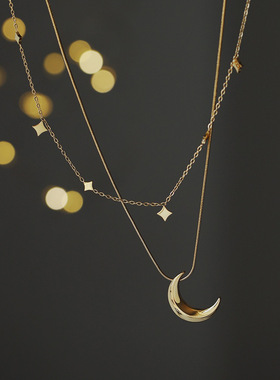 XL536 鲸雨饰品 弦月立体月牙蛇骨项链锁骨链星月亮 钛钢镀金18K