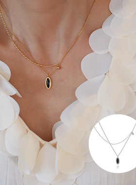 XL528 鲸雨饰品 Vintage复古法式椭圆黑色项链黑镜锁骨 钛钢镀18K