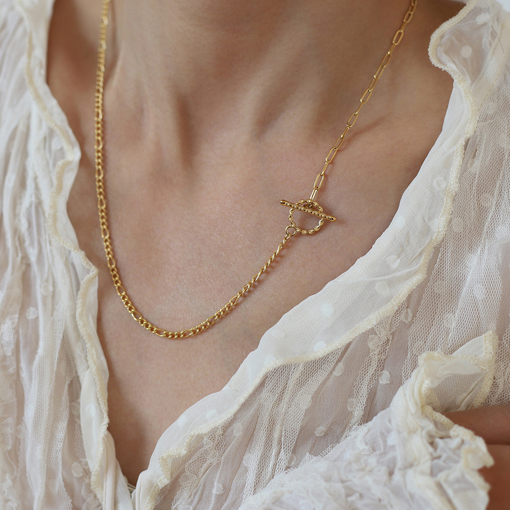 XL532 欧美链条时尚中古OT扣费解罗链拼接毛衣链项链 钛钢镀金