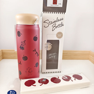 日本采购kamio姆明亚美可爱苹果保温杯便携筷子勺子套装 现货