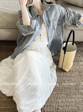 GRACETINA HOO｜法式ROW风时髦通勤｜酵洗烫钻廓形牛仔外套女春秋