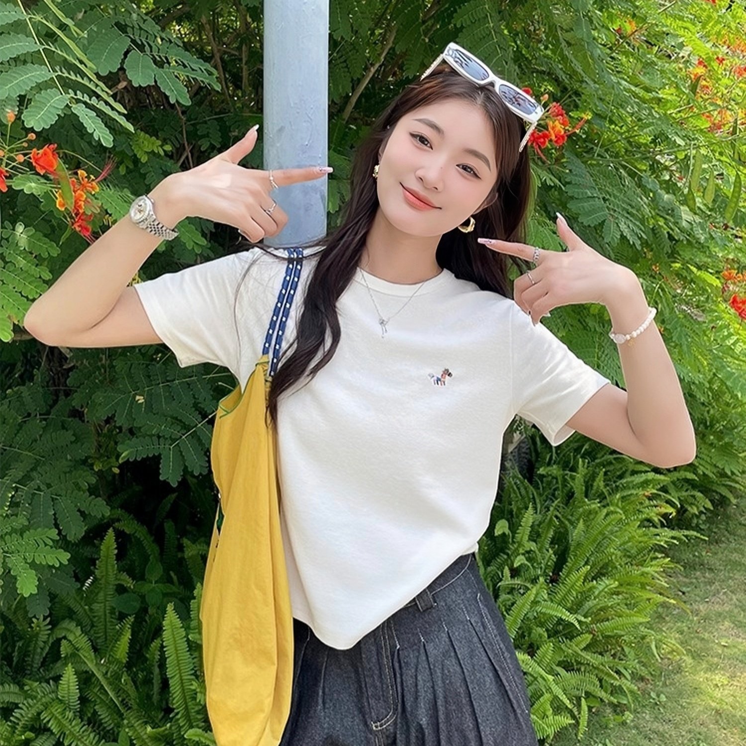 彩虹斑马｜清新时髦｜柔软细腻纯棉小马刺绣圆领正肩短袖T恤女夏