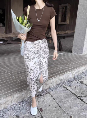 GRACETINA HOO｜法式时髦松弛感通勤｜印花扭结前开衩半身裙女夏