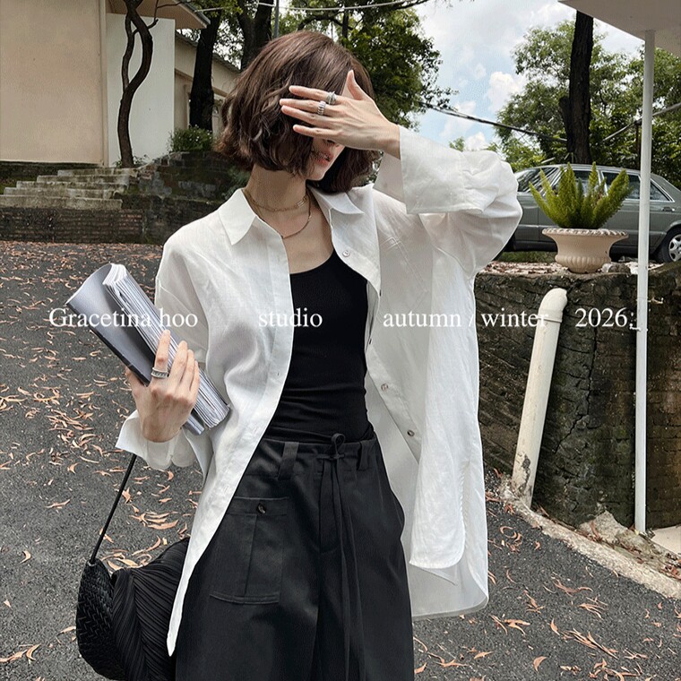 GRACETINA HOO｜法式简约高级通勤｜苎麻天丝翻领长袖衬衫女早秋