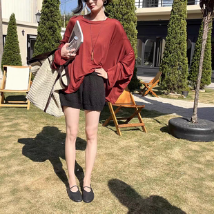 GRACETINA HOO｜法式高级感通勤｜天丝圆领蝙蝠袖长袖T恤女春夏