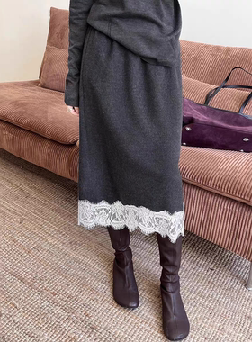 GRACETINA HOO｜法式香风高级通勤｜羊绒羊毛蕾丝直筒半裙女秋冬