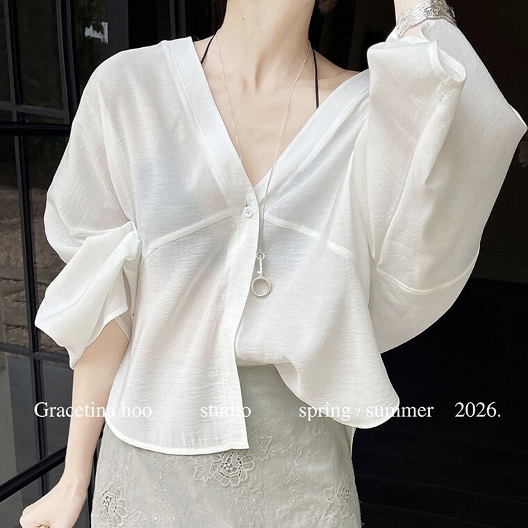 GRACETINA HOO｜法式温柔高级感通勤｜真丝V领长袖防晒衬衫女夏