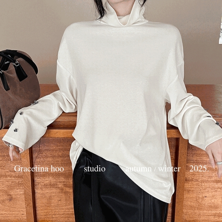 GRACETINA HOO｜法式简约休闲通勤｜钉珠高领长袖宽松T恤女秋冬