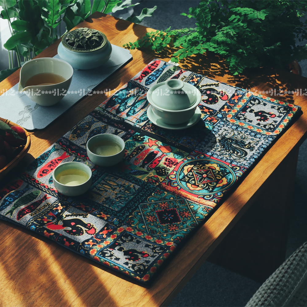 引之棉麻加厚印花茶席布艺桌旗吸水茶布茶杯垫禅意中式复古民族风-封面