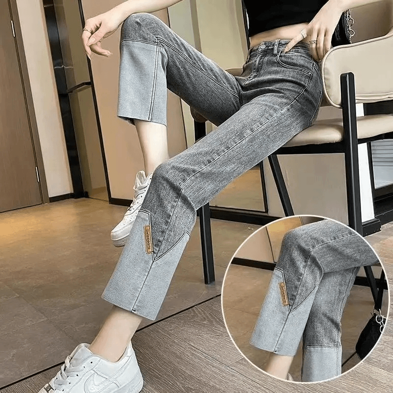 烟灰色拼接烟管牛仔裤女春秋季2025年九分新款小个子法棍直筒裤子
