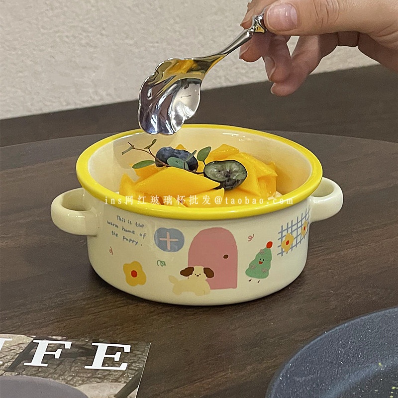 韩式奶油色陶瓷双耳碗ins风可爱小狗插画奶油蛋糕碗甜品碗酸奶碗