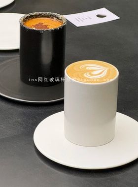 高级感复古ins直筒咖啡杯碟简约风哑光纯色咖啡厅热拿铁拉花杯碟