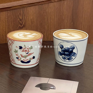 日式 和风青花瓷汤吞杯功夫品茗杯创意复古风陶瓷拿铁咖啡杯手握杯